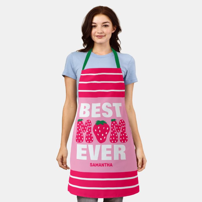 Personalized Best Mom Ever Strawberry Mother's Day Apron (Worn)
