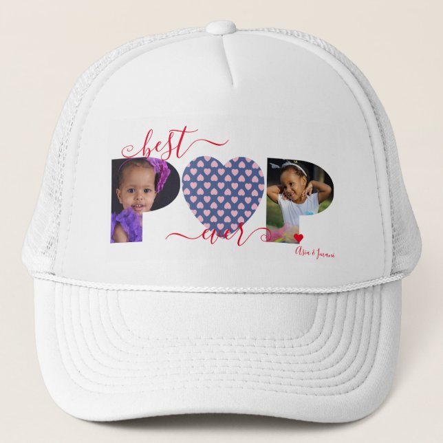 Personalized Best POP Ever Photo Collage Heart Trucker Hat (Front)