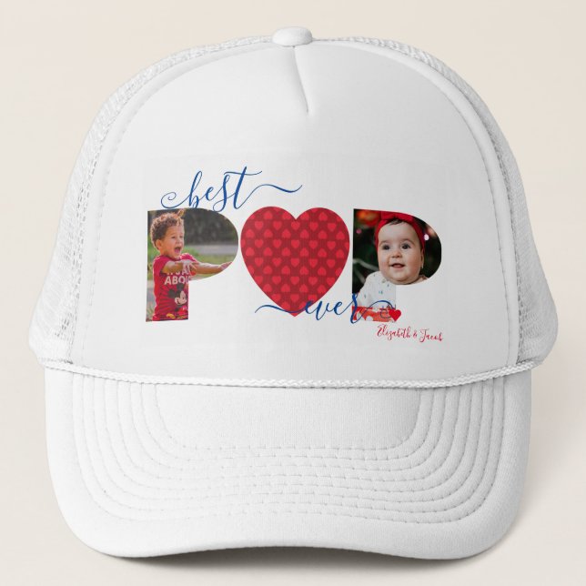 Personalized Best POP Ever Photo Collage Red Heart Trucker Hat (Front)