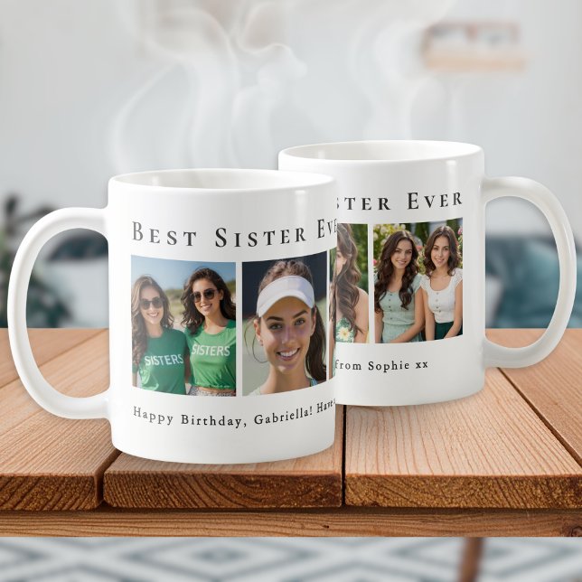 Personalized Best Sister Ever 5 Photo Collage Coffee Mug (A coffee mug for the "Best Sister Ever", with a collage of 5 photos and personalized message )