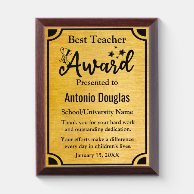 Personalized Best Teacher Award | gold and black Plaque (Vertical)
