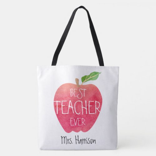Personalized Best Teacher Ever Apple Watercolor Tote Bag