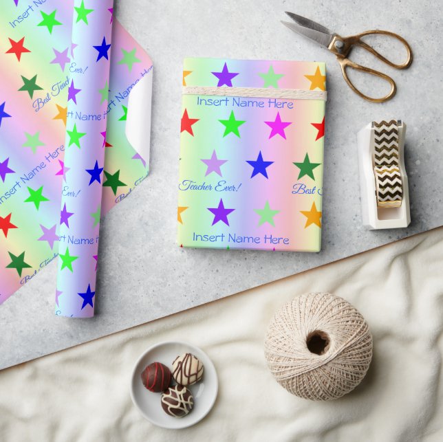 Personalized Best Teacher Ever Fun Rainbow & Stars Wrapping Paper (Crafts)