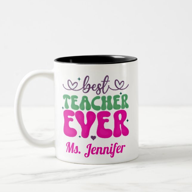 Personalized Best Teacher Ever pink green script  Two-Tone Coffee Mug (Left)