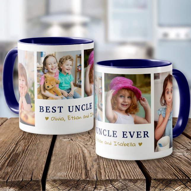 Personalized Best Uncle Ever 4 Photo Blue Gold  Mug (Creator Uploaded)