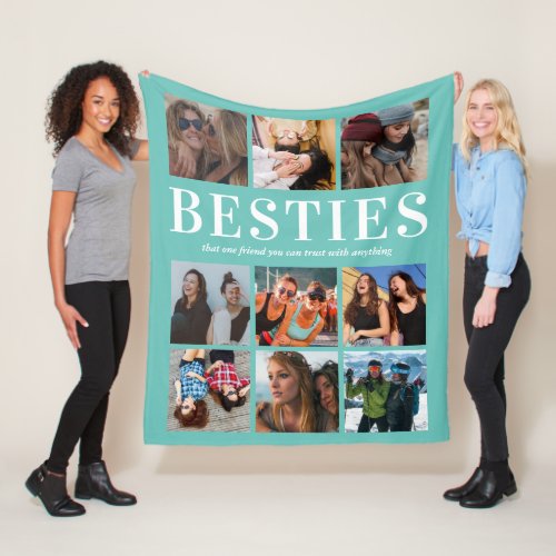 Personalized Bestie Gift | Best Friend Fleece Blanket - Personalized friendship fleecy blanket featuring a stylish teal background that can be changed to any color, 9 photos of you and your bestie, and a cute best friend quote.