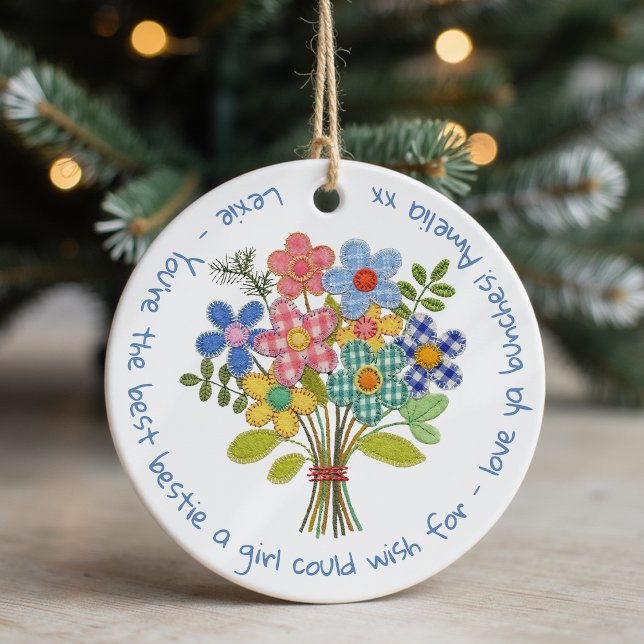 Personalized Bestie Patchwork Flowers Gift Ceramic Ornament (Creator Uploaded)