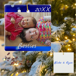 Personalized 'Besties' Blue Holiday Ceramic Ornament