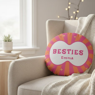 Personalized Besties Name Pink Orange Retro Round Pillow