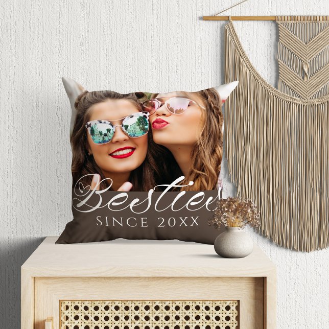 Personalized “Besties Since” Custom Photo Throw Pillow ("Besties Since" Custom Photo Chic Throw Pillow in a boho room with macramé.)