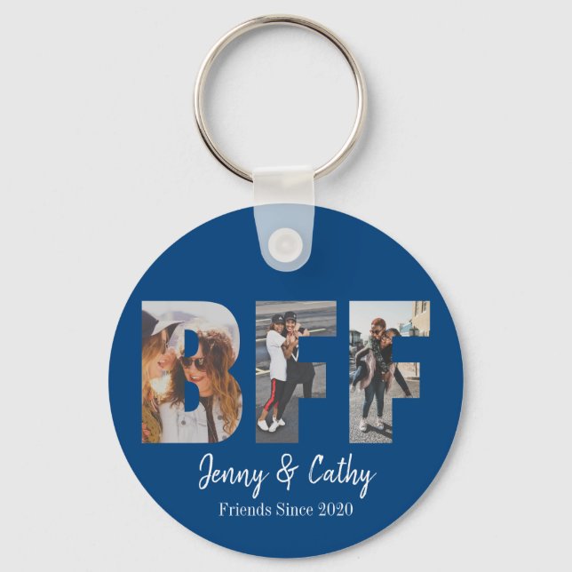 Personalized BFF Photo Best Friend Names Navy Blue Keychain (Front)