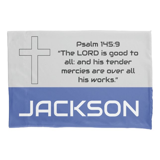 Personalized Bible Verse Blue Gray Boys Pillowcase (Front)