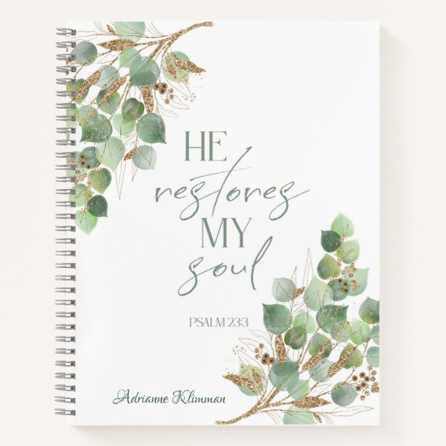 Personalized Bible Verse Green Gold Leaves  Notebook (Front)