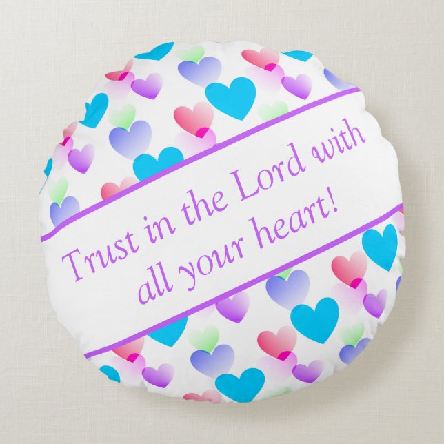 Personalized Bible Verse Hearts Round Lilac Round Pillow (Front)