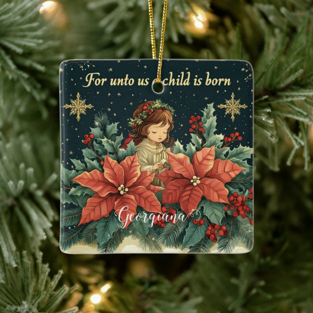 Personalized Biblical Nativity Child & Verse Ceramic Ornament (Tree)