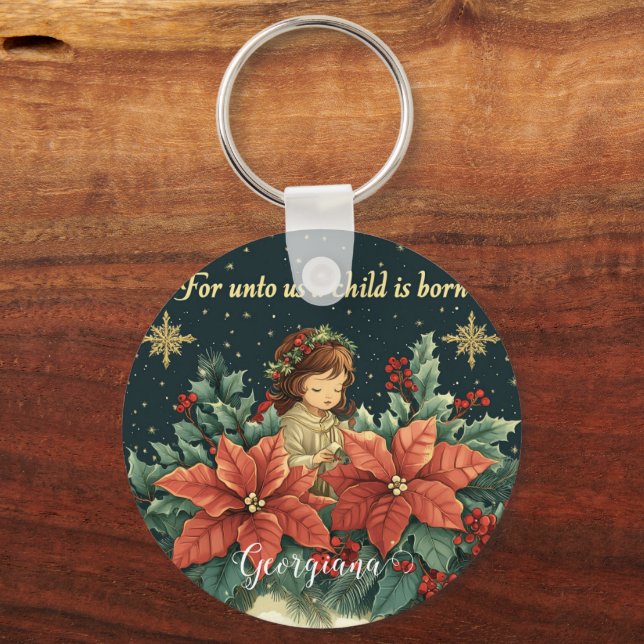 Personalized Biblical Nativity Child & Verse Keychain (Front)