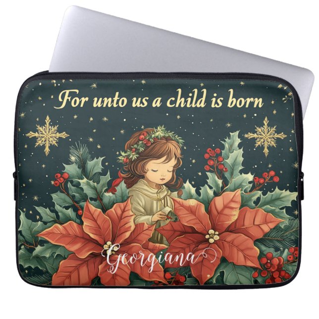 Personalized Biblical Nativity Child & Verse Laptop Sleeve (Front)