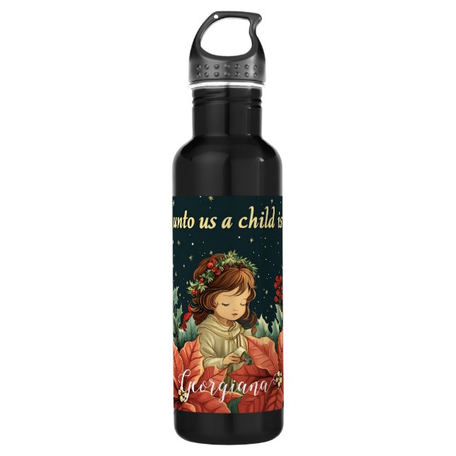 Personalized Biblical Nativity Child & Verse Stainless Steel Water Bottle (Front)