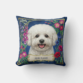 Personalized Bichon Frise Blue Floral Cushion