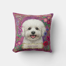 Personalized Bichon Frise Pink Floral Cushion