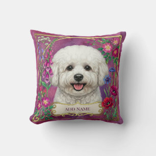 Personalized Bichon Frise Pink Floral Cushion