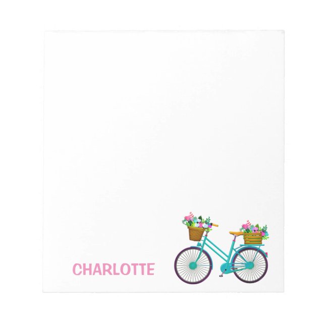 Personalized Bicycle basket flowers pink blue Notepad (Front)