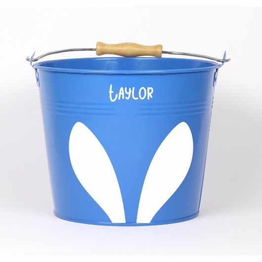 Personalized Big Ear Bunny Blue Easter Bucket  (Front)