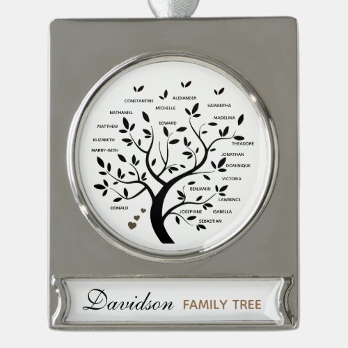 Personalized Big Family Tree 20 names Silver Plated Banner Ornament