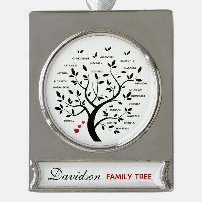 Personalized Big Family Tree (20 names) Silver Plated Banner Ornament (Front)