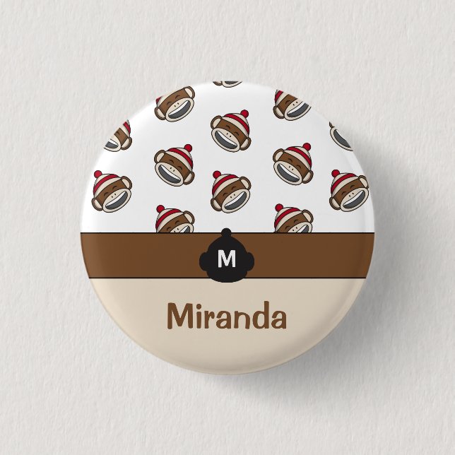 Personalized Big Smile Sock Monkey Emoji Pinback Button (Front)