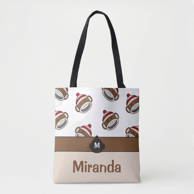 Personalized Big Smile Sock Monkey Emoji Tote Bag (Front)