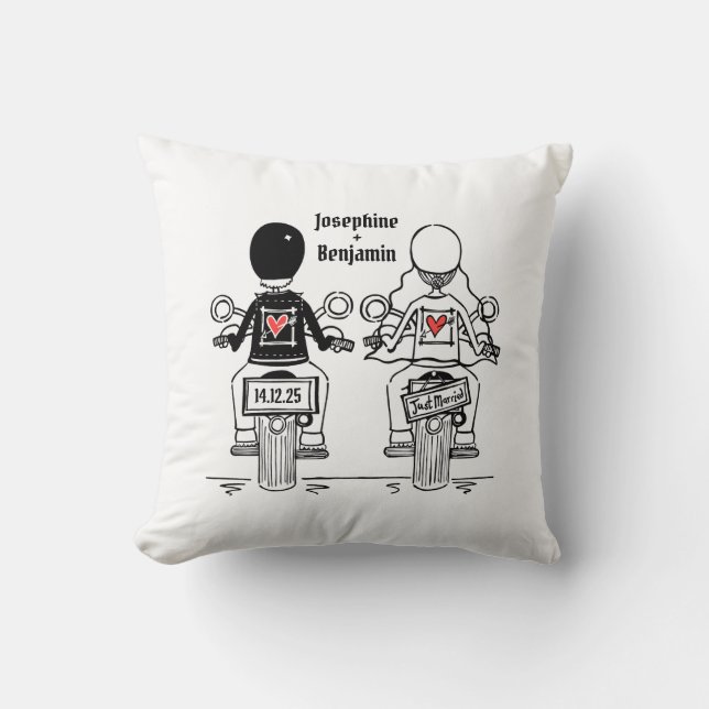 Personalized Biker Bride + Groom Wedding Gift Throw Pillow (Front)