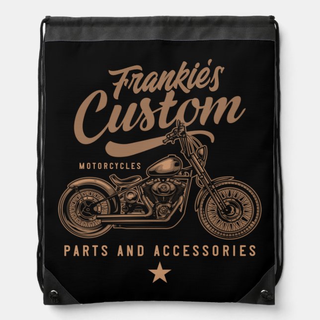 Personalized Biker Custom Bobber Motorcycle Garage Drawstring Bag (Front)