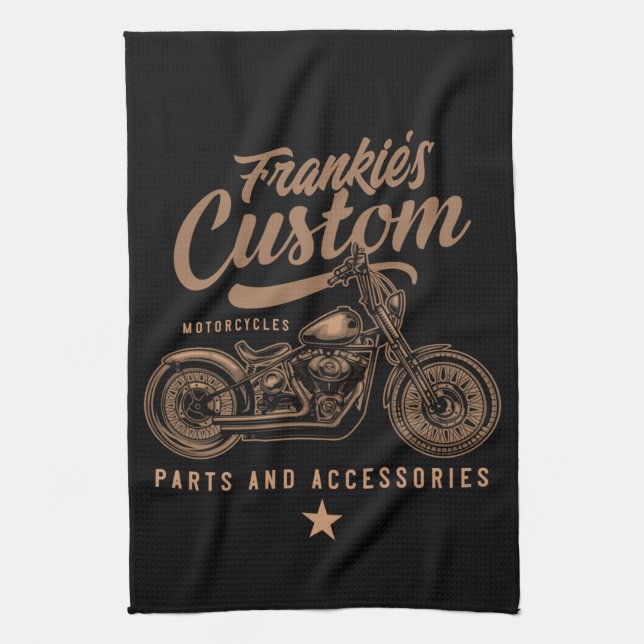 Personalized Biker Custom Bobber Motorcycle Garage Kitchen Towel (Vertical)