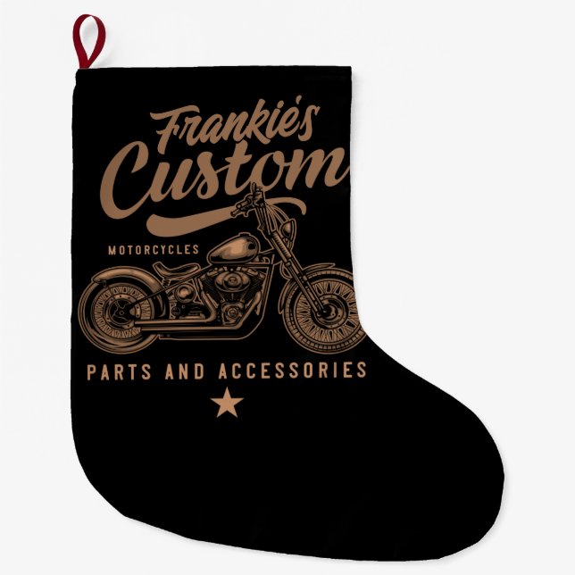 Personalized Biker Custom Bobber Motorcycle Garage Large Christmas Stocking (Front)