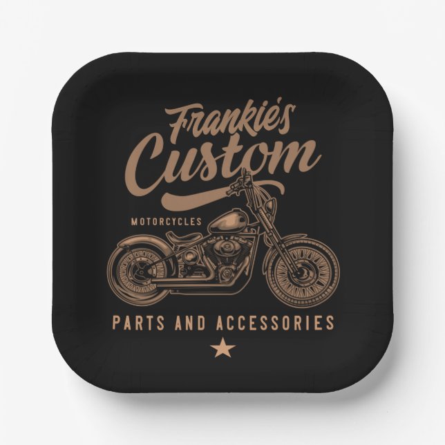 Personalized Biker Custom Bobber Motorcycle Garage Paper Plates (Front)