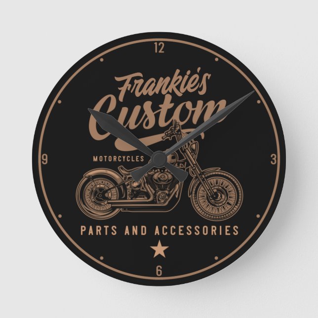 Personalized Biker Custom Bobber Motorcycle Garage Round Clock (Front)