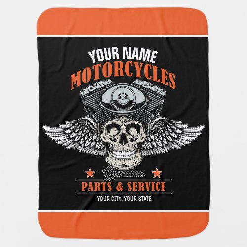 Personalized Biker Flying Skull Motorcycle Shop  Baby Blanket