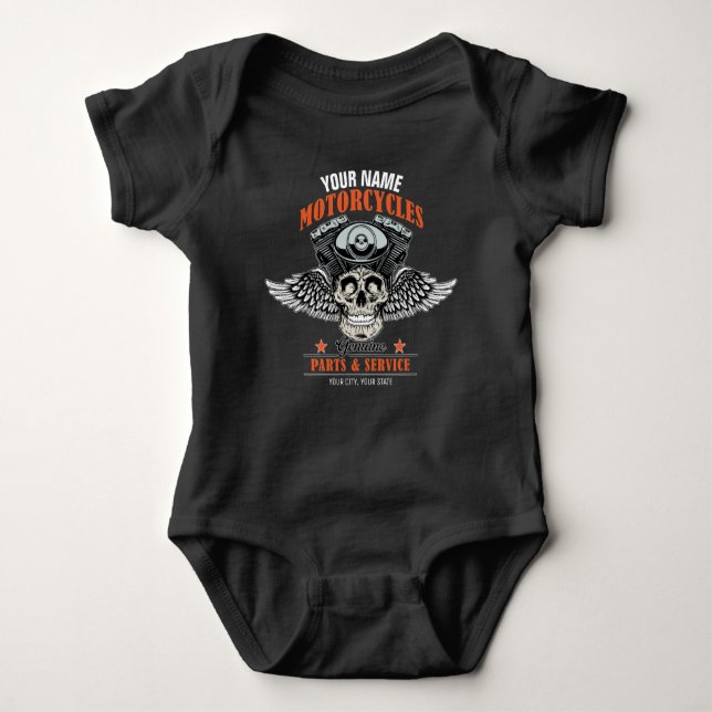 Personalized Biker Flying Skull Motorcycle Shop  Baby Bodysuit (Front)