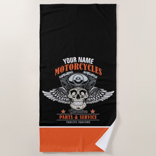 Personalized Biker Flying Skull Motorcycle Shop  Beach Towel