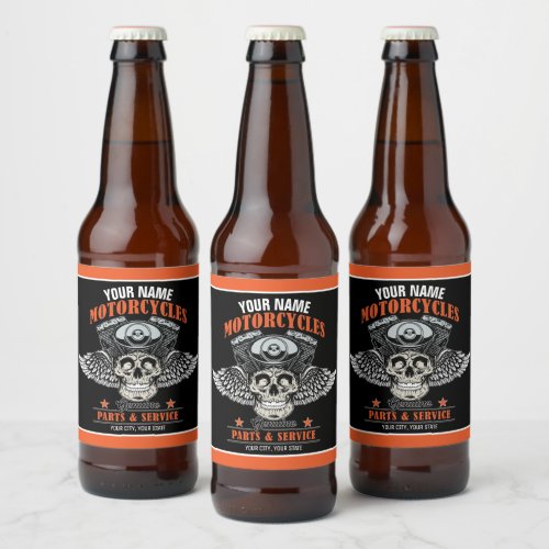 Personalized Biker Flying Skull Motorcycle Shop  Beer Bottle Label