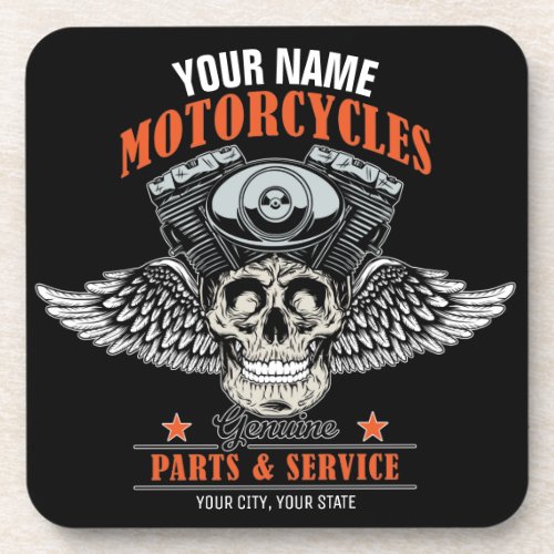 Personalized Biker Flying Skull Motorcycle Shop  Beverage Coaster