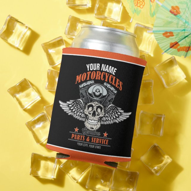 Personalized Biker Flying Skull Motorcycle Shop Can Cooler (In Situ Summer)