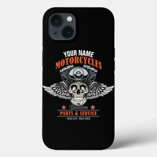 Personalized Biker Flying Skull Motorcycle Shop iPhone 13 Case