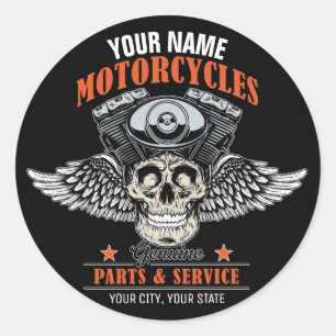 Personalized Biker Flying Skull Motorcycle Shop Classic Round Sticker