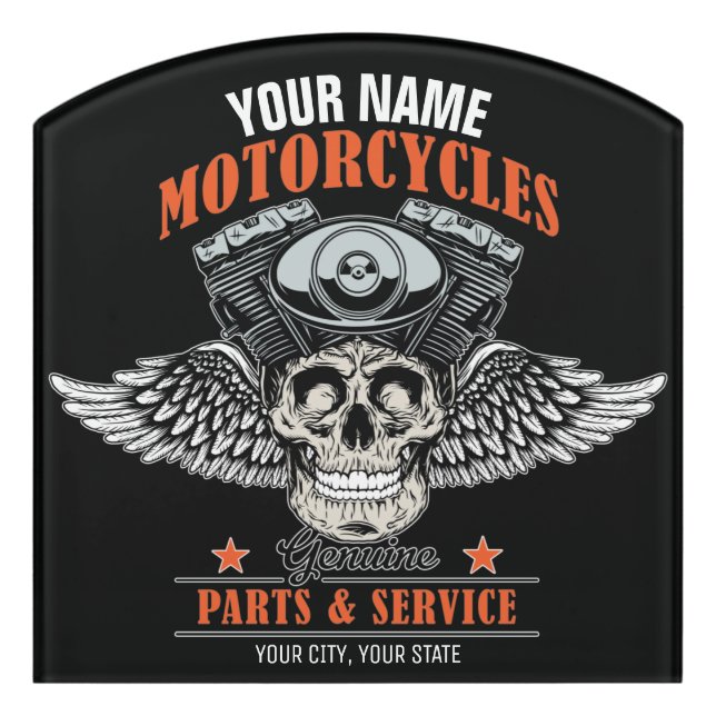 Personalized Biker Flying Skull Motorcycle Shop  Door Sign (Contour Front)