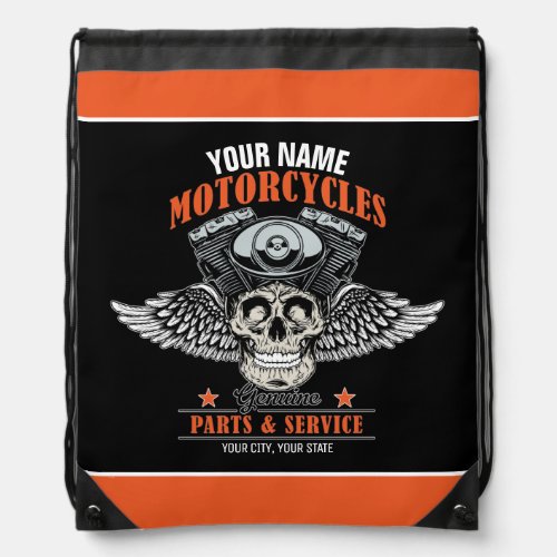 Personalized Biker Flying Skull Motorcycle Shop  Drawstring Bag