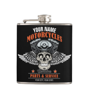 Personalized Biker Flying Skull Motorcycle Shop  Flask