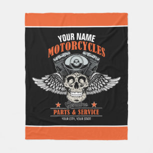 Personalized Biker Flying Skull Motorcycle Shop Fleece Blanket