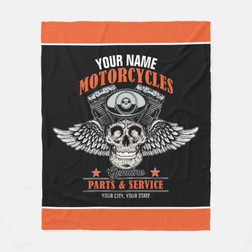 Personalized Biker Flying Skull Motorcycle Shop  Fleece Blanket